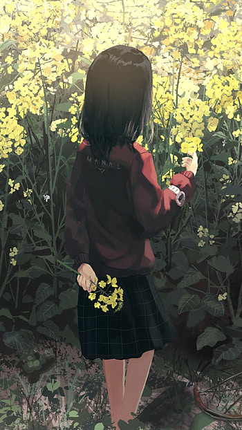 Afternoon Watch Among Yellow Blooms — Short Black-Haired Anime, watch, black hair, short hair, flower, yellow flower, Anime, Original HD phone wallpaper