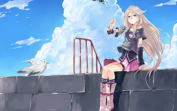 anime girls, sky, girls, pigeon, anime HD wallpaper