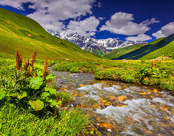 Landscape, river, meadow, sky, mountain HD wallpaper