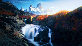 Mt. Fitzroy, Andes National Park, Argentina, cascade, river, peaks, landscape, waterfall, trees HD wallpaper
