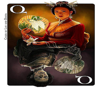 Cards of life and death, asian, skeleton, fan, woman, death, life, flower, card, queen HD wallpaper