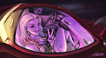 Joker And Harley Quinn In The Car Artwork , harley-quinn, artwork, superheroes, digital-art HD wallpaper