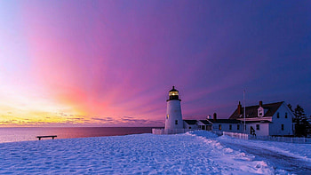 Winter lighthouse , Snowy landscapes, Cozy atmosphere, Seasonal charm HD wallpaper