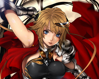 Red Cape, sexy, blue eyes, hot, cute, girl, close up, armor, anime girl, anime, mantle, cape, short hair, brown hair, female HD wallpaper
