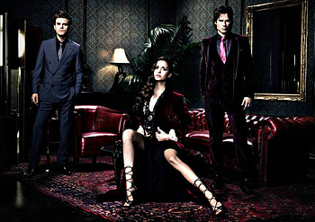 Vampire Diaries (2009-), black, ian somerhalder, man, girl, nina dobrev, paul, woman, tv series, damon, fantasy, elena, red, stefan, vampire diaries, male, wesley HD wallpaper