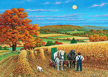 Harvest Moon, tree, man, field, horses, painting, autumn HD wallpaper