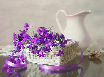Flowers, Bluebells, Jug, Tape, Basket, Shell HD wallpaper