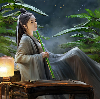 Flute singer, gorgeous, girl, jieyang, frumusete, flute, art, asian, superb, instrument, fantasy, lantern HD wallpaper