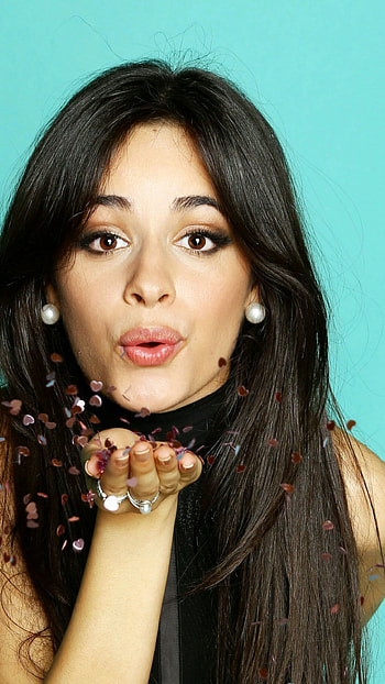 kissy face!, latina, brown eyes, long hair, black hair, singer, music, Camila Cabello HD phone wallpaper