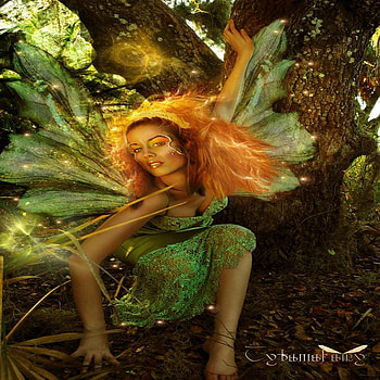 FANTASY FAIRY, fairy, fantasy, green, trees, orange, woman HD wallpaper