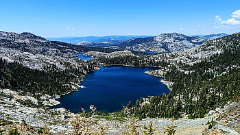 View of Dicks Lake from Dicks Pass in the Desolation Wilderness, CA, california, hills, trees, sky, rocks, mountains, usa HD wallpaper