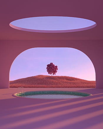 Futuristic pink-toned landscape featuring a circular pool and a solitary tree under an open skylight at sunset. HD phone wallpaper