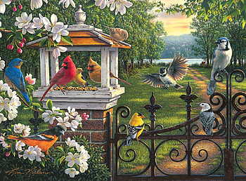 Spring Time Melody, puzzle, birds, house, fence HD wallpaper