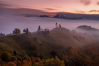 Church of Saints Primus and Felician, landscape, fog, nature, field HD wallpaper