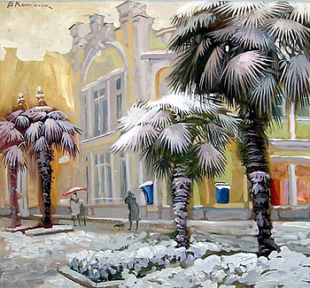 Vladimir Kolesnik. Winter in Yalta, winter, painting, art, street, vladimir kolesnik, tree HD wallpaper