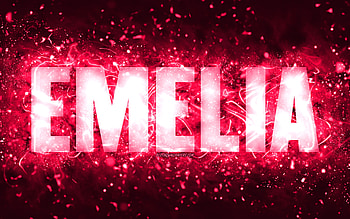 Happy Birtay Emelia, , pink neon lights, Emelia name, creative, Emelia Happy Birtay, Emelia Birtay, popular american female names, with Emelia name, Emelia HD wallpaper