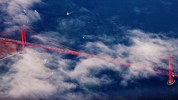 the golden gate bridge under the clouds, sea, boats, bay, clouds, view, bridge HD wallpaper