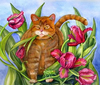 Kitten among flowers, kitten, painting, art, flower, cat, pet HD wallpaper