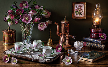 Still Life with Lamp, cups, still life, flowers, lamp, teapot HD wallpaper