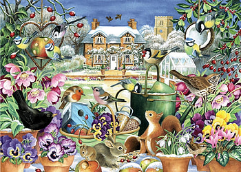 Winter Garden, artwork, birds, painting, blossoms, snow, flowers, cottage, squirrel HD wallpaper