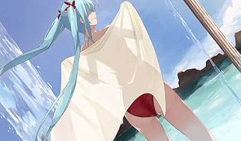 Vocaloid, wet, hatsune miku, aqua hair, bikini, sky, long hair HD wallpaper