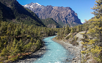 A glacial river flow - Indian Himalayas, trees, sky, rocks, mountains, water HD wallpaper