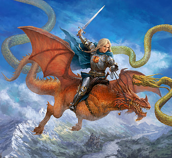 Girl on dragon, sword, sergey shikin, art, fantasy, dragon, girl, orange, rider, blue HD wallpaper