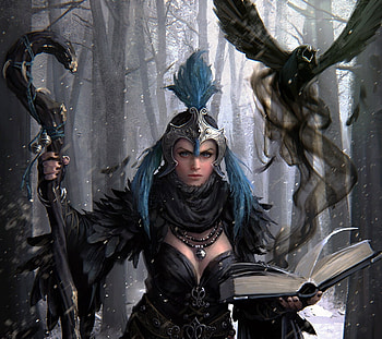 Crow maiden, hanho lee, crow, bird, fantasy, art, girl, armor HD wallpaper