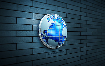 3D Blue Globe, , blue brickwall, creative, globe icon, Globe with flags, 3D art, globes, 3D Globe HD wallpaper