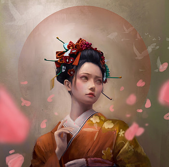 Oriental girl, fantasy, art, asian, face, marunjue, girl, kimono, orange, pink, luminos HD wallpaper