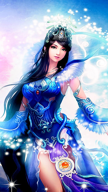 Fantasy Girl, blue, asian, black hair, fantasy, video game HD phone wallpaper