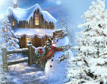 Snowman, wintr, house, tree HD wallpaper