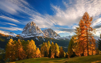 Autumn in the Dolomites, Italy, leaves, fall, clouds, trees, colors, sky, rocks, alps, landscape HD wallpaper