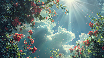 Sunny Bloom Radiance, sunbeam, blooming, sunny day, cloud, flower HD wallpaper