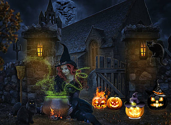 Spell Creator, pumpkins, halloween, moon, cauldron, cats, bats, witch HD wallpaper