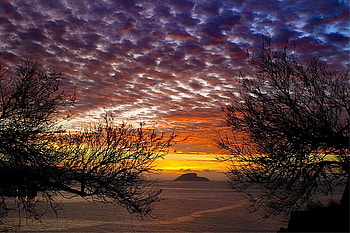 Sunset, clouds, trees, water HD wallpaper