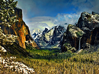 Mountain beauty, river, peaks, nice, snowy, slopes, rocky, fall, beautiful, grass, high, rocks, lake, mountain, falling, waterfall, nature, waters, sky, riverbank, lovely HD wallpaper