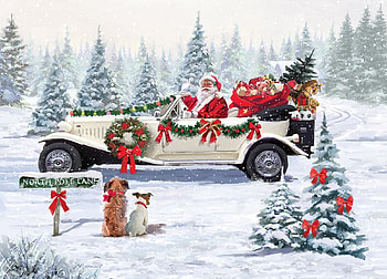 Santa's Car, winter, dog, decoration, painting, snow, trees, tree HD wallpaper