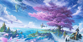 Anime landscape artwork of a giant sakura tree over an ocean, surrounded by floating mountains and mythical creatures, sky, digital art, sakura tree, fantasy animals, anime landscape, anime, fantasy, magical, sakura, clouds, floating, ocean HD wallpaper