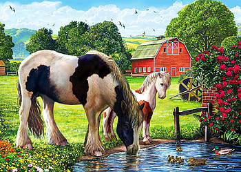 Hadlow Cricket Mare, barn, horse, art, meadow, ducks, digital, trees, flowers, foal, pond HD wallpaper