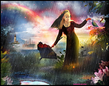~Juicy Rain~, boat, umbrella, birds, juicy rain, digital art, dress, reflections, butterflies, puddle, animals, water, female, model, creative premade, texture rain, weird things people wear, girl, backgrounds, leaves, fantasy, manipulation, flying birds, flowers, hair HD wallpaper