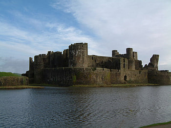Castle and moat, blue, grass, old, moat, clouds, sky, bricks, castle, water HD wallpaper