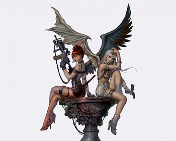 Angels With Bad Attitudes, fantasy, guns, tattoos, angels, female HD wallpaper