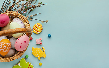 Happy Easter!, card, easter, egg, bunny, yellow, cookie HD wallpaper