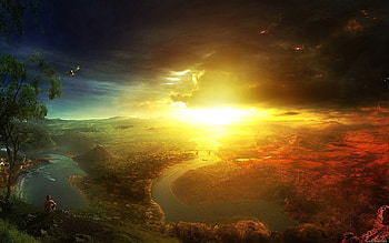Sunset, Rocks, River, Clouds HD wallpaper