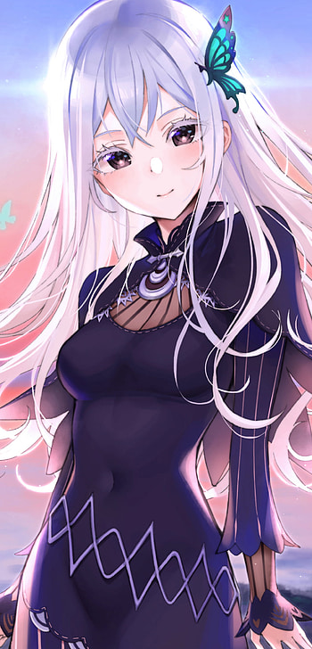 white hair, long hair, butterfly, Echidna (Re:ZERO), Anime, Re:Zero - Starting Life in Another World HD phone wallpaper