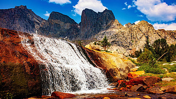 Looking up to Cirque Lake in Wind River Range, Wyoming, clouds, waterfall, cascades, USA, sky, rocks HD wallpaper