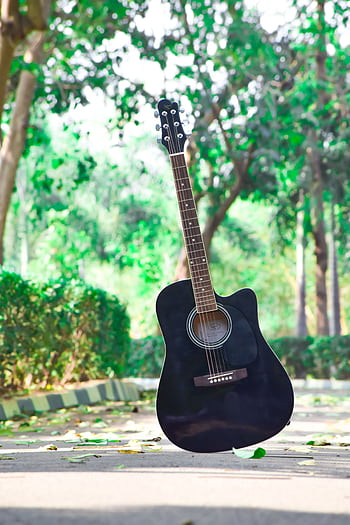 Black acoustic guitar standing outdoors in a sunny, vibrant park setting. HD phone wallpaper