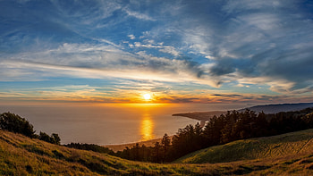 Sunset at Stinson Beach, California, sky, sun, ocean, trees, clouds, usa HD wallpaper