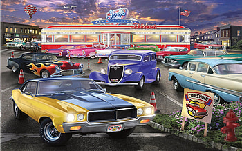 Car Show at Joe's Diner, american, retro, airplane, cars, diner, hot air balloon, flag HD wallpaper